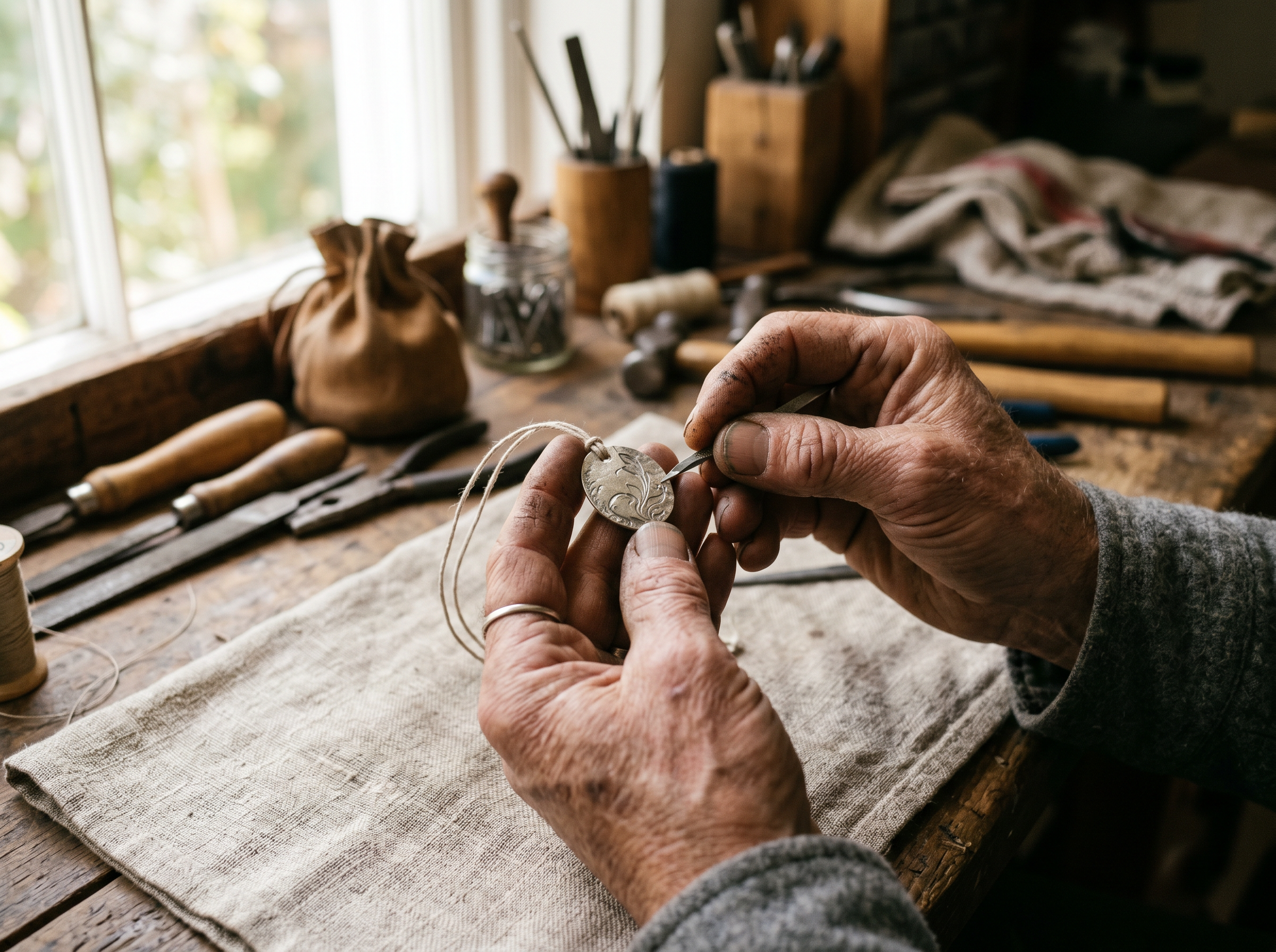 Artisan hands shaping silver at a Sheffield workbench