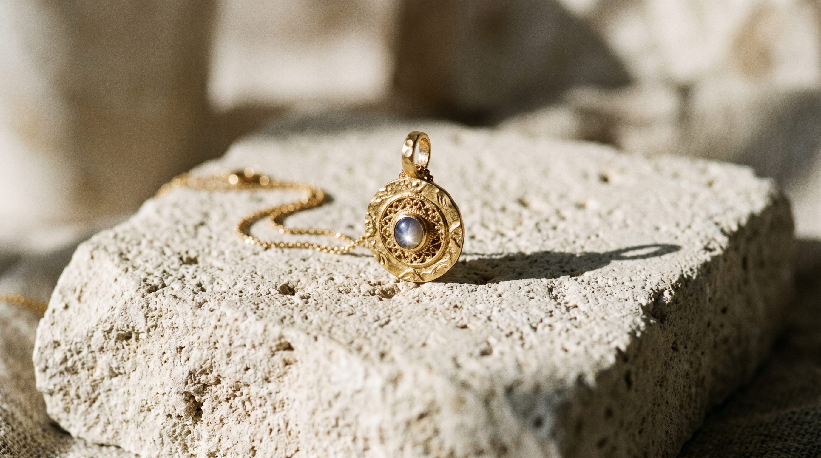 A handcrafted gold amulet on pale limestone